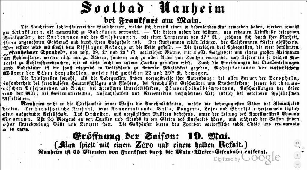 Werbung für Bad Nauheim und das Kurorchester 1858