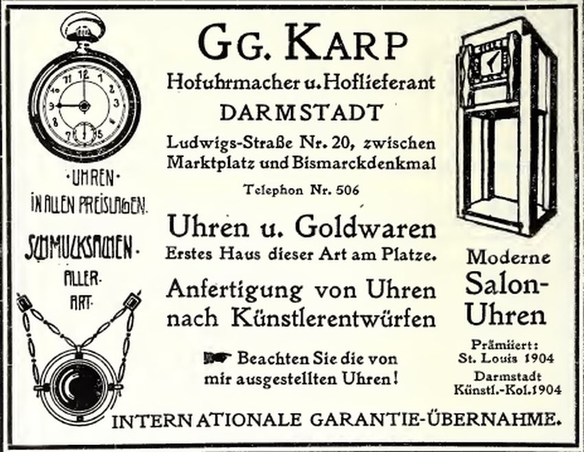 Werbeanzeige Firma Georg Karp Hofuhrmacher - Darmstadt